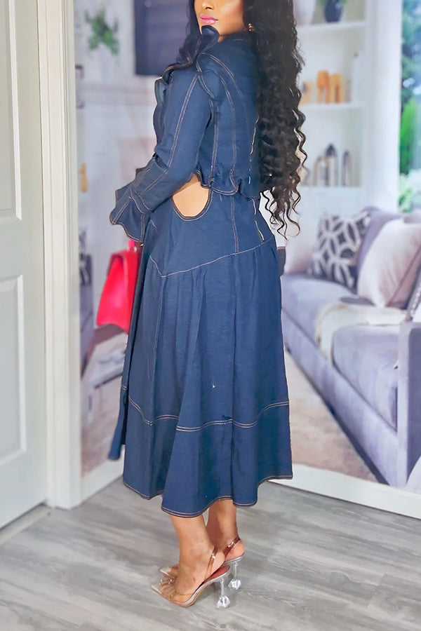 Chic Trumpet Sleeve Ruffle Denim Dress
