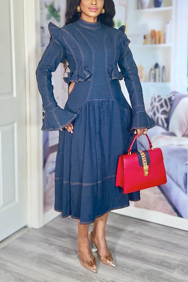 Chic Trumpet Sleeve Ruffle Denim Dress
