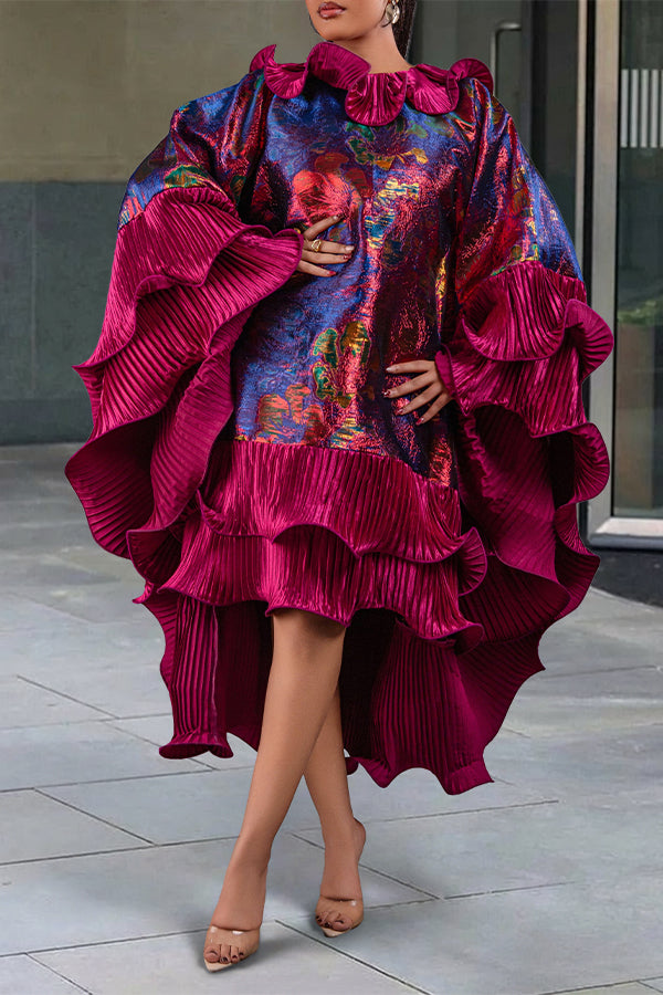 Elegant Pleated Ruffle Print Dress