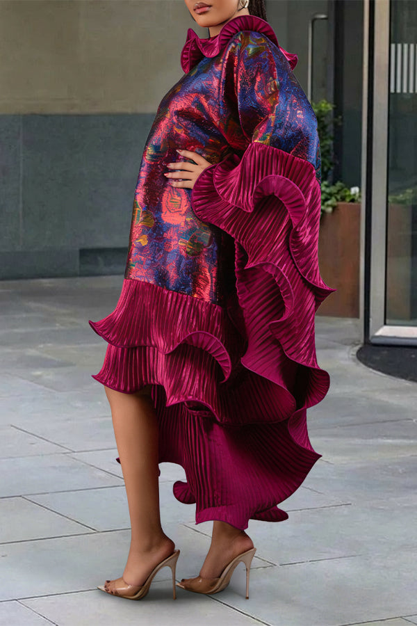 Elegant Pleated Ruffle Print Dress