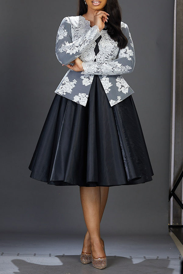 Elegant Lace Patchwork Swing Midi Dress