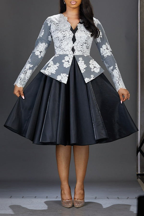 Elegant Lace Patchwork Swing Midi Dress