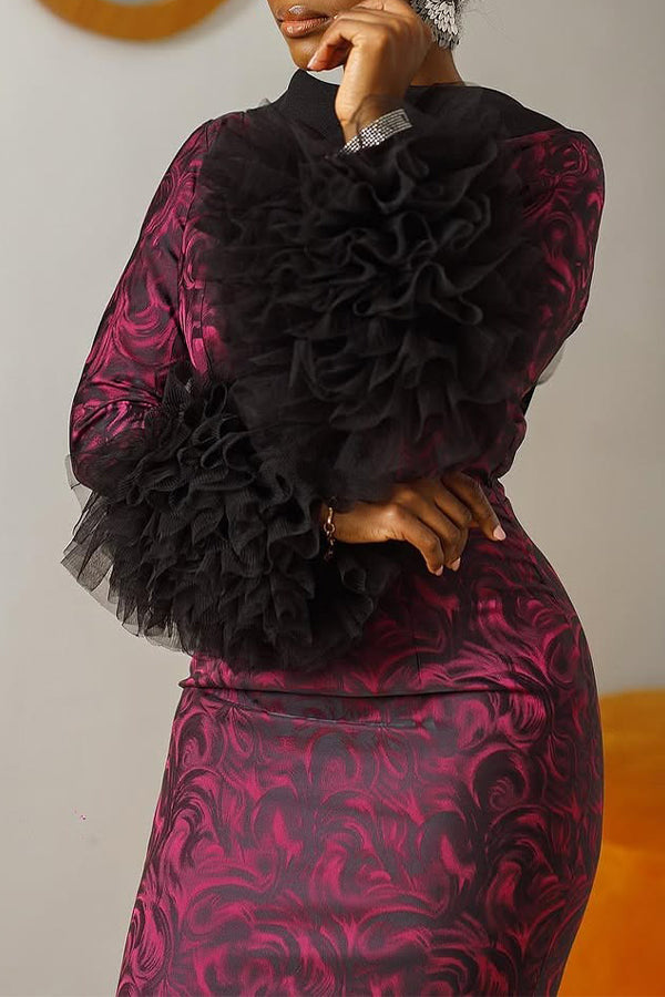 Stylish Multi-layered Mesh Cuff Jacquard Dress