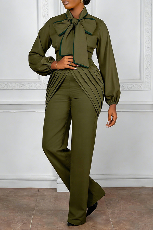 Elegant Bow Tie Blouse & Pleated Trousers Set