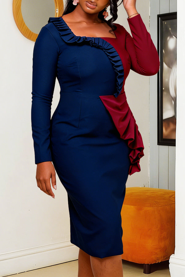 Elegant Colorblock Pleated Ruffle Bodycon Dress