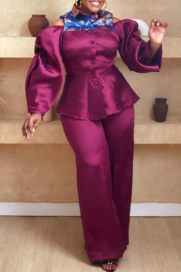 Stylish Jacquard Patchwork Cold Shoulder Top & Pants Set