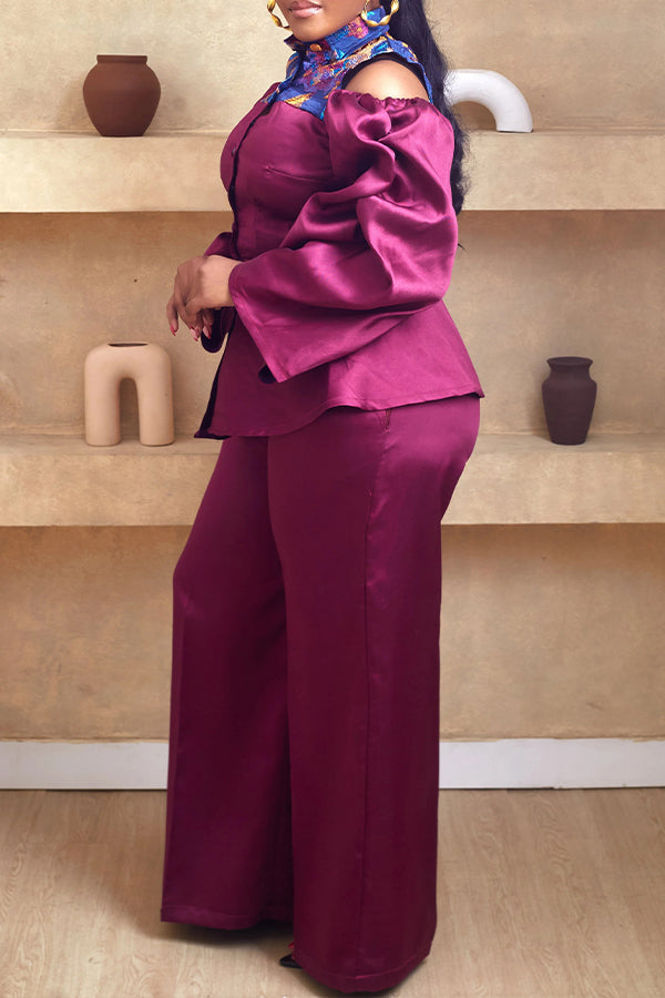 Stylish Jacquard Patchwork Cold Shoulder Top & Pants Set