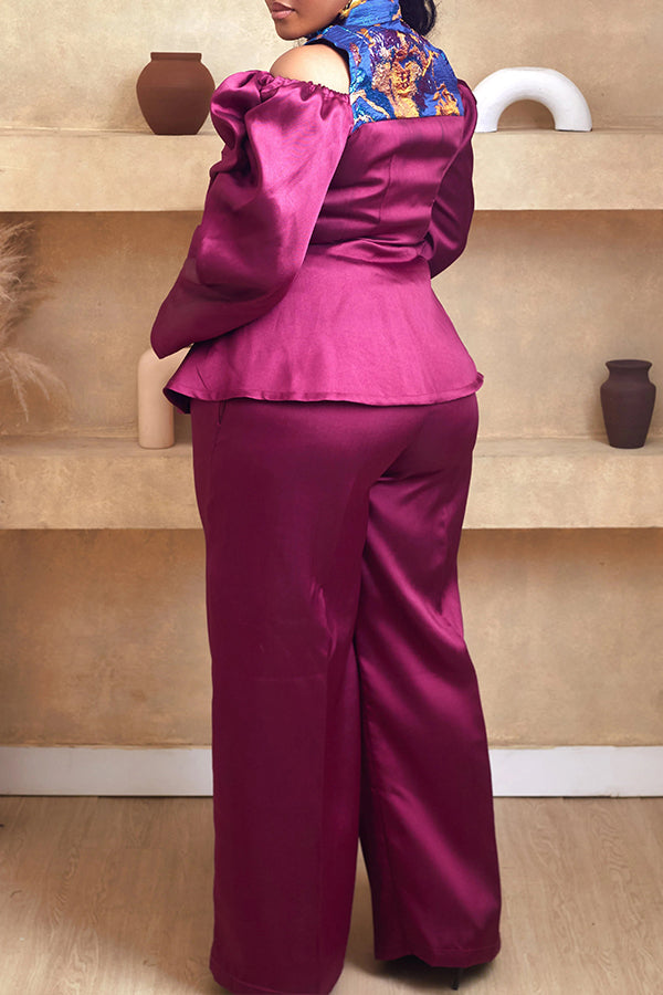 Stylish Jacquard Patchwork Cold Shoulder Top & Pants Set