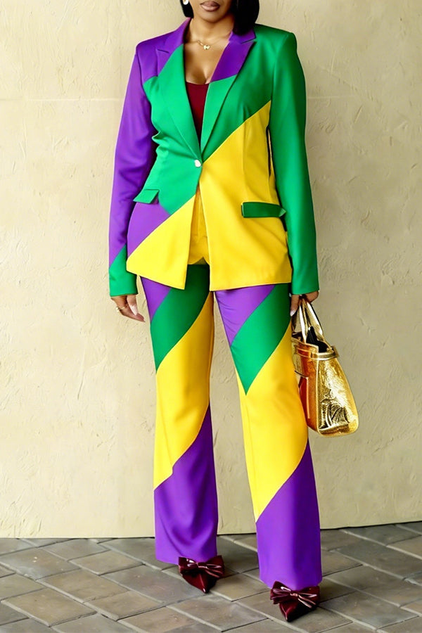Stylish Mardi Gras Color Block Blazer Set