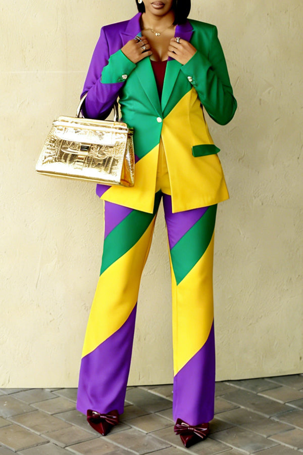 Stylish Mardi Gras Color Block Blazer Set