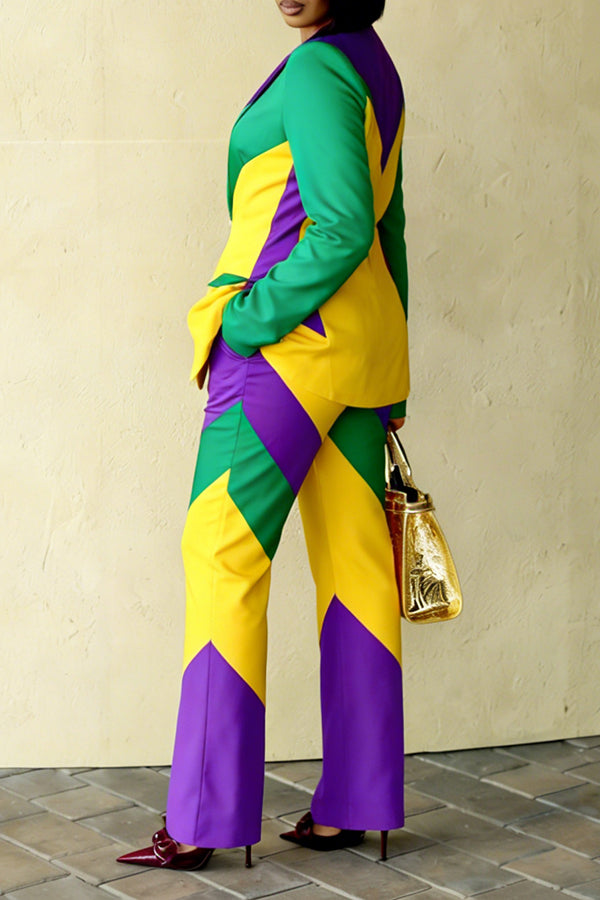 Stylish Mardi Gras Color Block Blazer Set