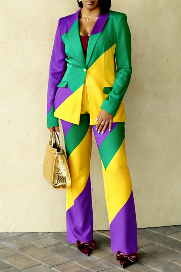 Stylish Mardi Gras Color Block Blazer Set