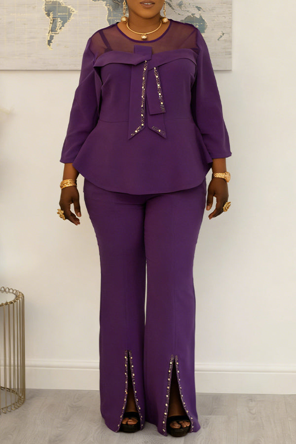 Stylish Mesh-paneled Bow Top & Split-hem Pants Set