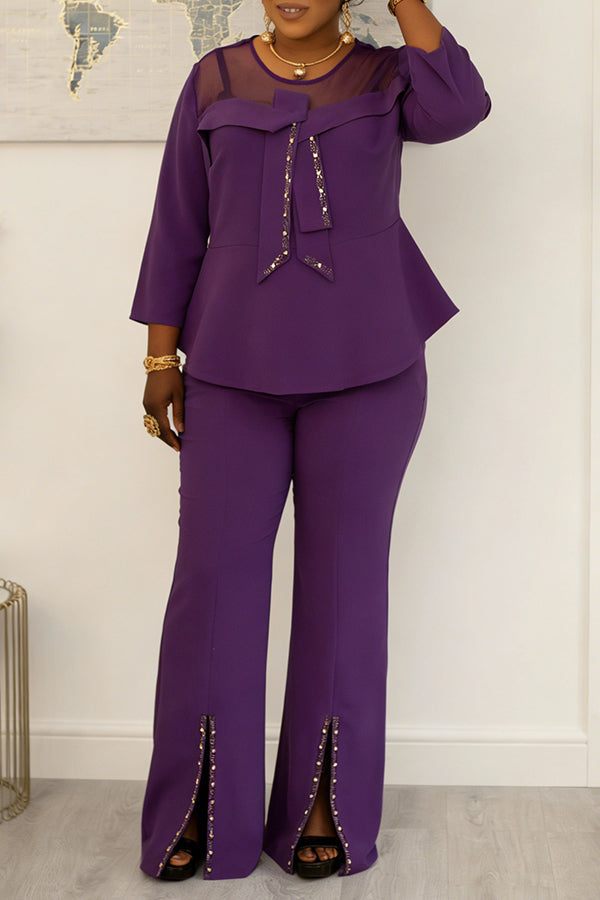 Stylish Mesh-paneled Bow Top & Split-hem Pants Set