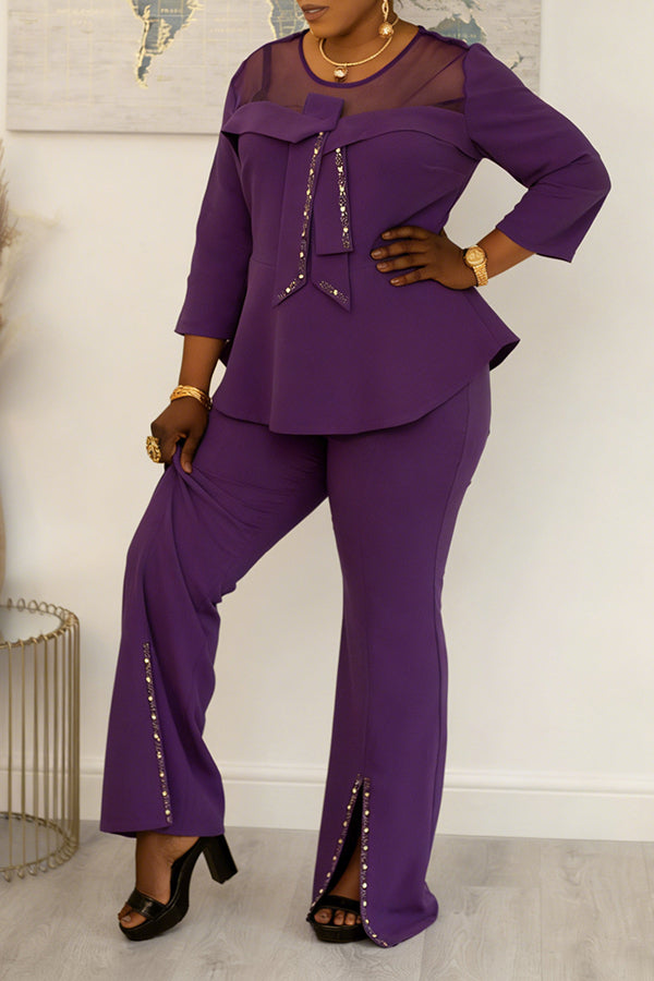 Stylish Mesh-paneled Bow Top & Split-hem Pants Set