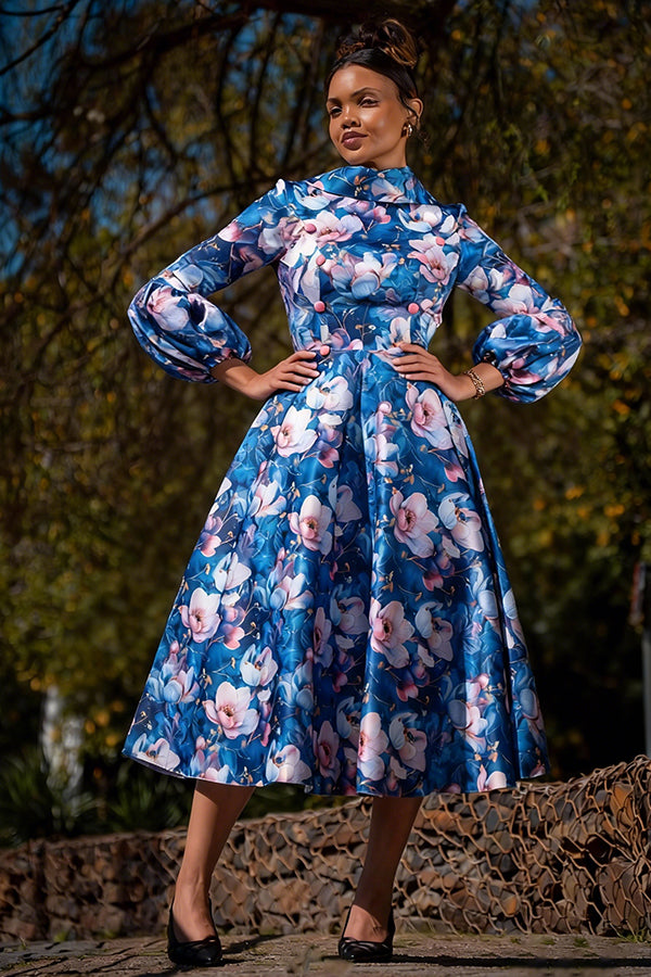 Elegant Lantern Sleeve Floral Print Dress 