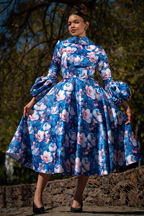 Elegant Lantern Sleeve Floral Print Dress 