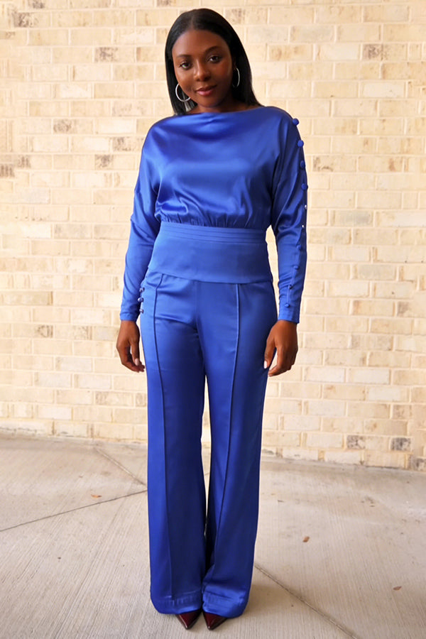 Elegant Solid Buttons Shirt & High Waisted Pants Set