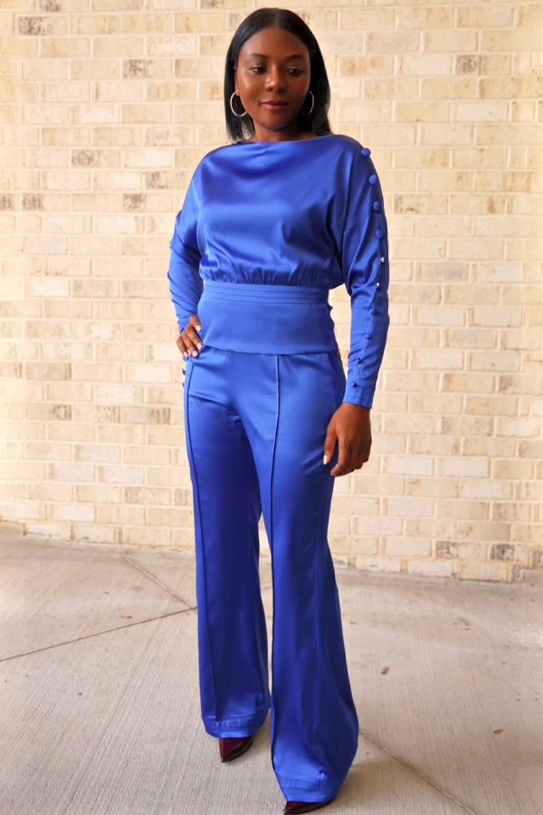 Elegant Solid Buttons Shirt & High Waisted Pants Set