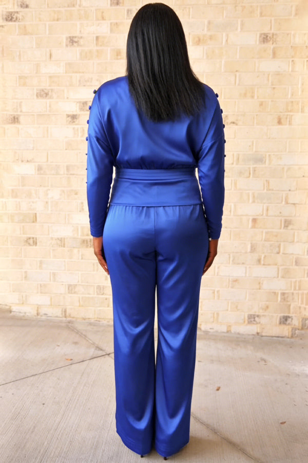 Elegant Solid Buttons Shirt & High Waisted Pants Set