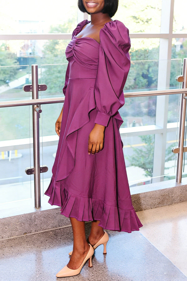 Elegant Pleated Ruffle Square Neck Dress