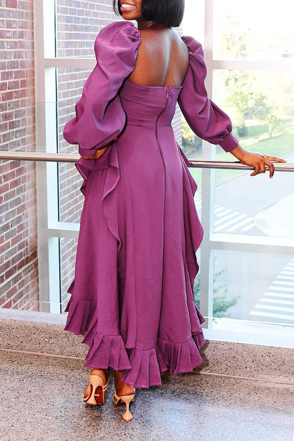 Elegant Pleated Ruffle Square Neck Dress