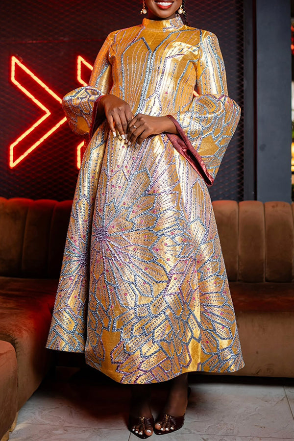 Elegant Bell Sleeve Jacquard Swing Dress