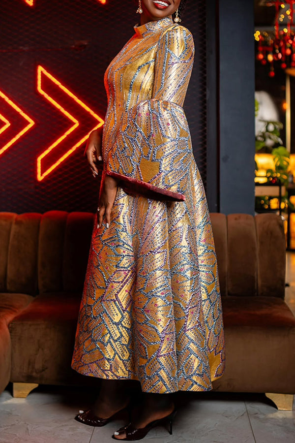 Elegant Bell Sleeve Jacquard Swing Dress