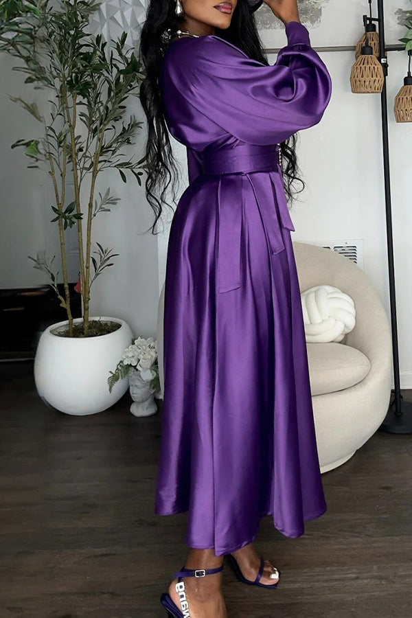 Chic Lantern Sleeve Belted Dress