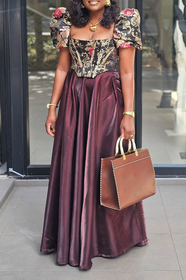 Elegant Floral Patchwork Puff Sleeve Bridesmaid Dress 