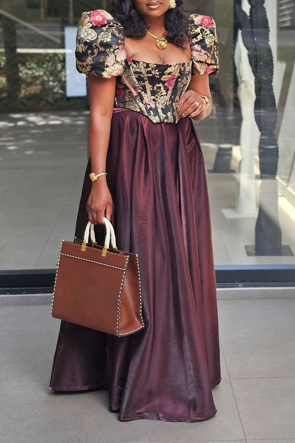 Elegant Floral Patchwork Puff Sleeve Bridesmaid Dress 