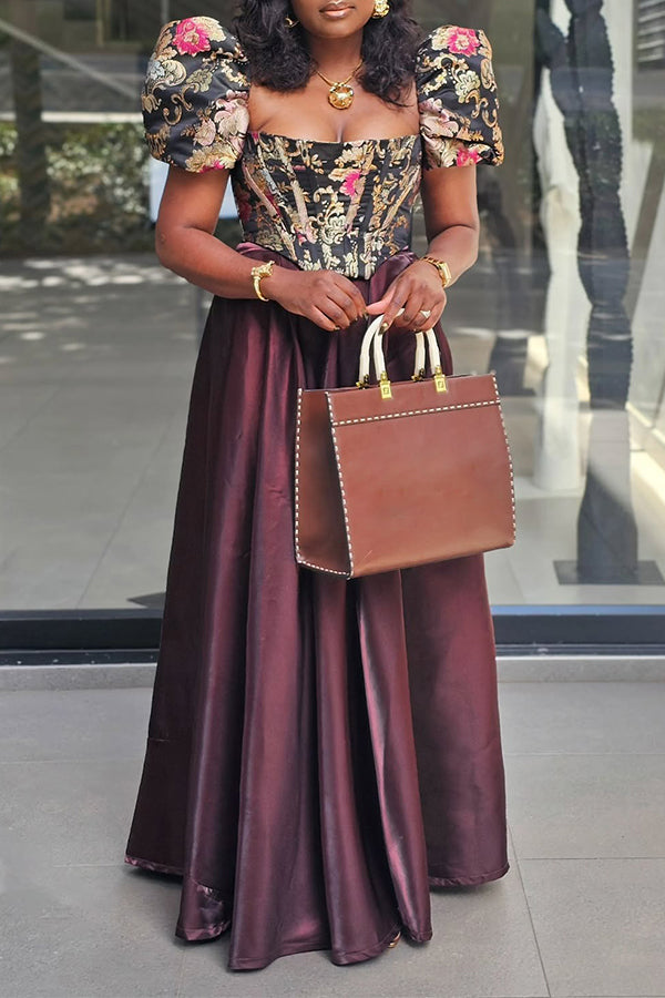 Elegant Floral Patchwork Puff Sleeve Bridesmaid Dress 