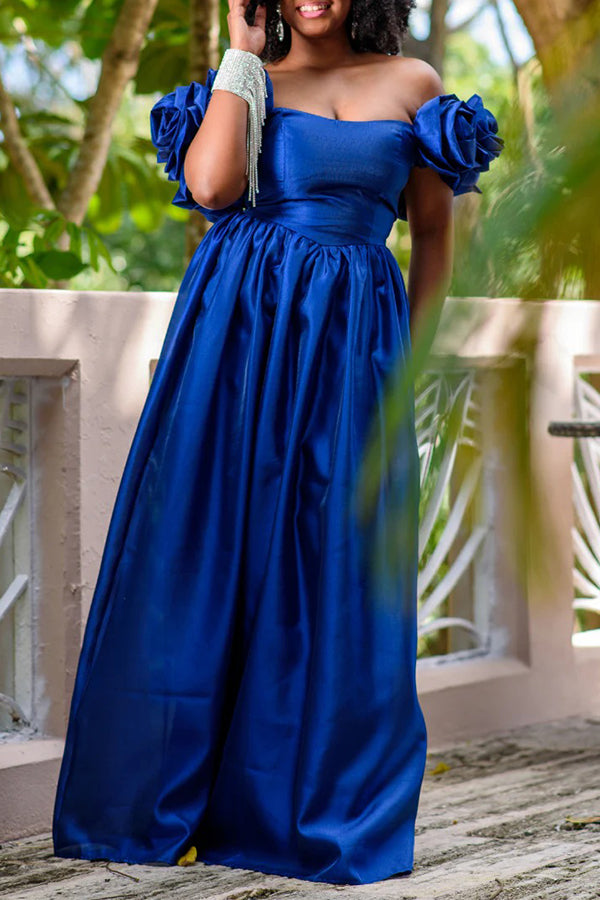 Flowy Rosette Off Shoulder Satin Bridesmaid Dress