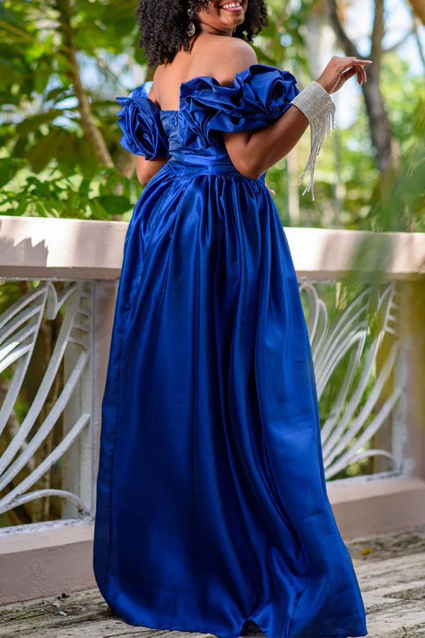 Flowy Rosette Off Shoulder Satin Bridesmaid Dress