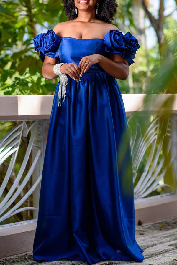 Flowy Rosette Off Shoulder Satin Bridesmaid Dress