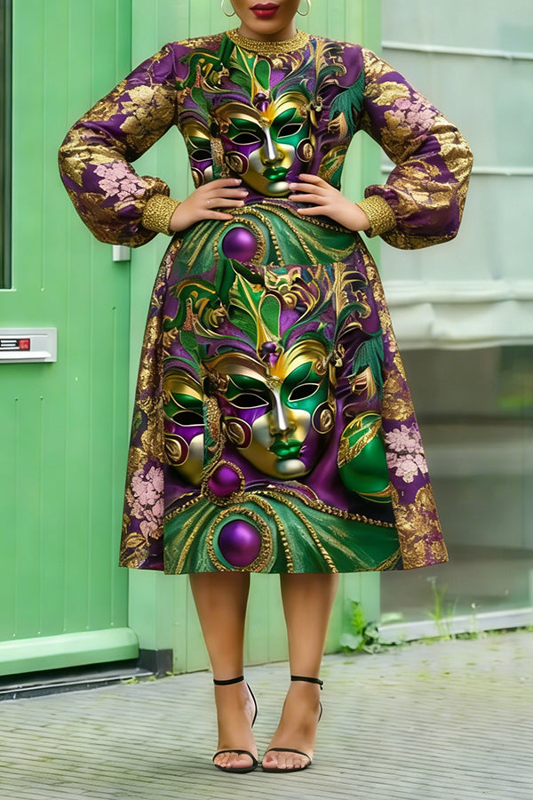 Chic Mardi Gras Mask Floral Print Midi Dress
