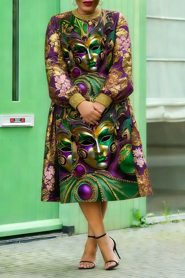 Chic Mardi Gras Mask Floral Print Midi Dress