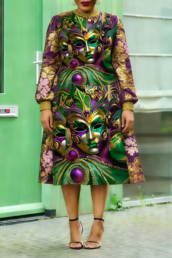 Chic Mardi Gras Mask Floral Print Midi Dress