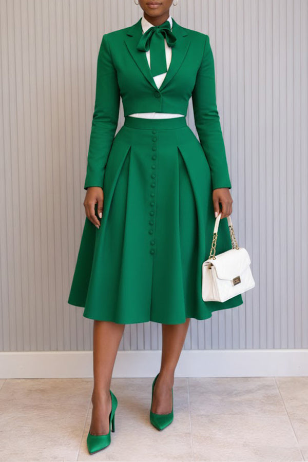 Chic Single Button Cropped Blazer & Skirt Set