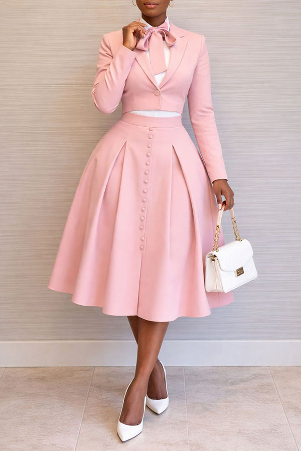 Chic Single Button Cropped Blazer & Skirt Set