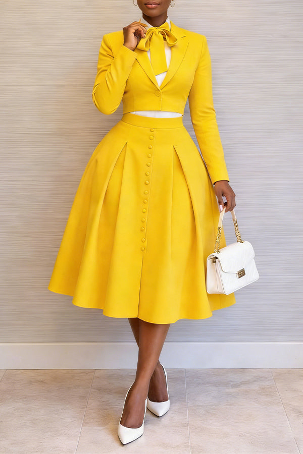 Chic Single Button Cropped Blazer & Skirt Set