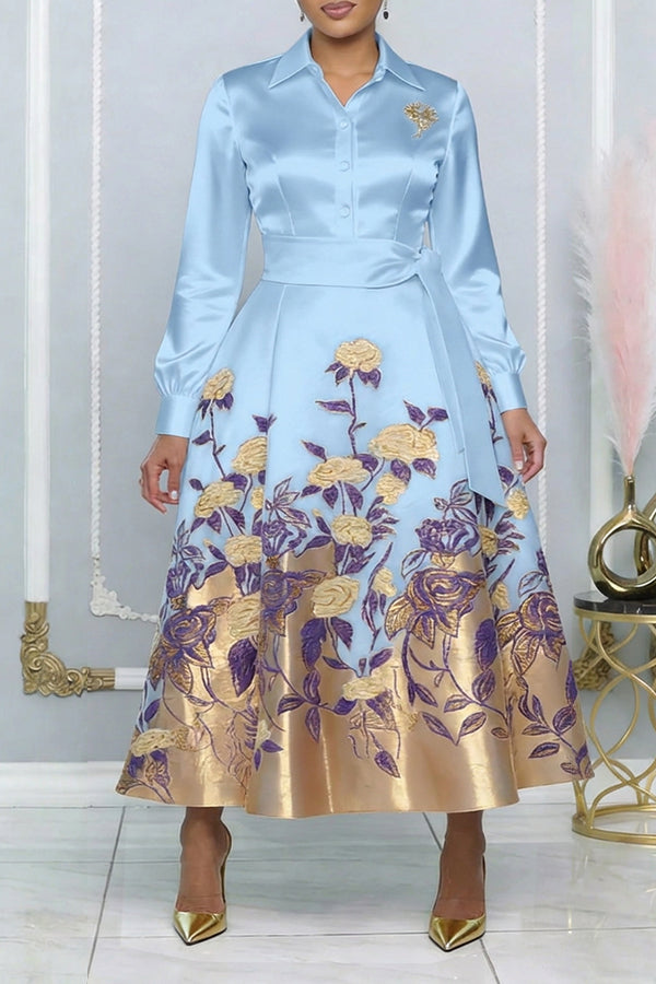 Elegant Flower Pattern Belted Maxi Ddress