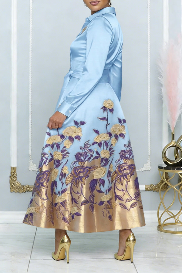 Elegant Flower Pattern Belted Maxi Ddress