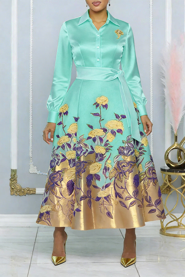 Elegant Flower Pattern Belted Dress