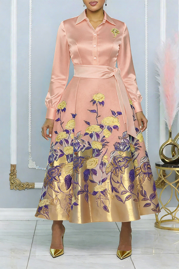 Elegant Flower Pattern Belted Dress