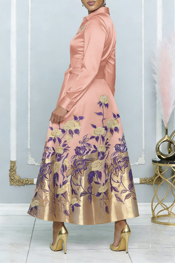 Elegant Flower Pattern Belted Dress