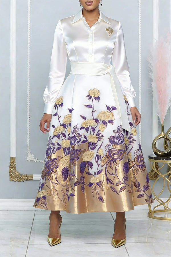 Elegant Flower Pattern Belted Maxi Ddress