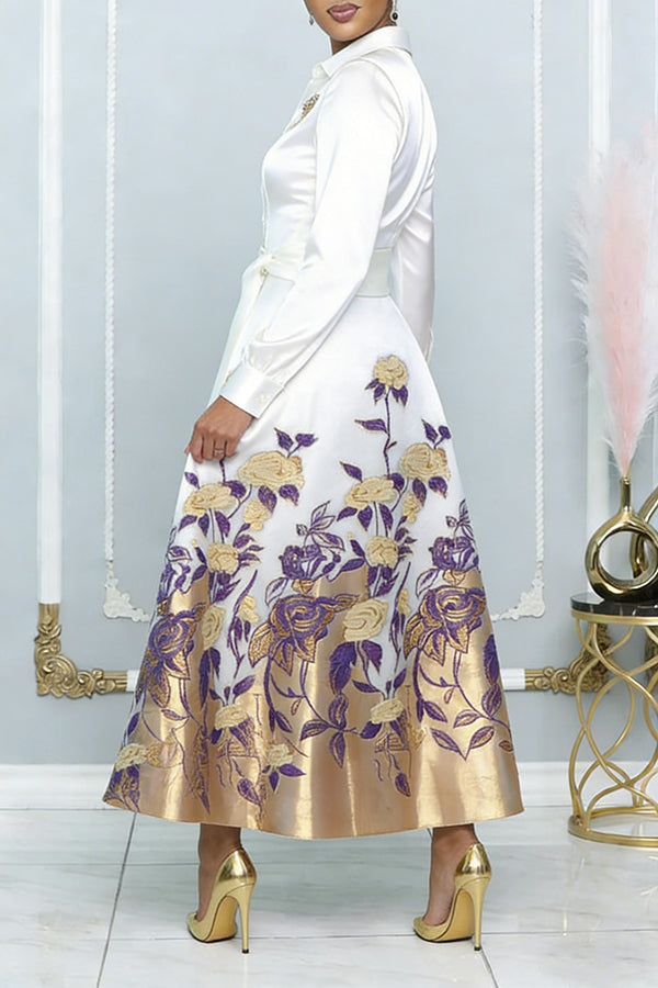 Elegant Flower Pattern Belted Maxi Ddress