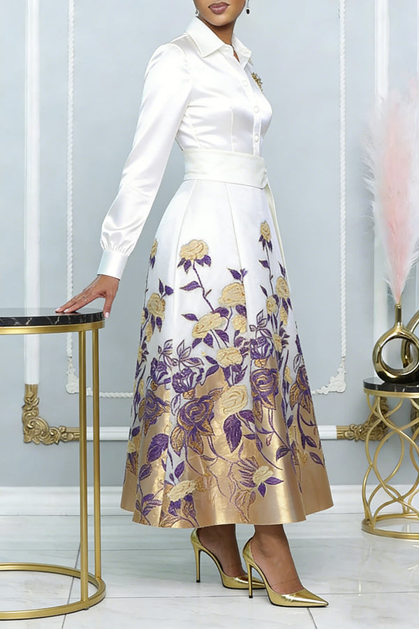 Elegant Flower Pattern Belted Maxi Ddress