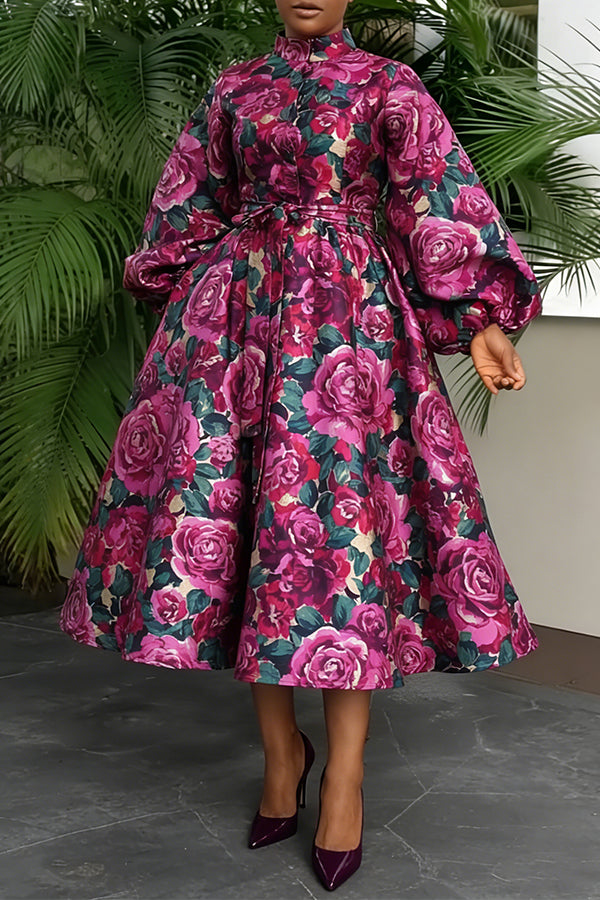 Luxury Balloon Sleeve Belted A-line Rose Church Dress